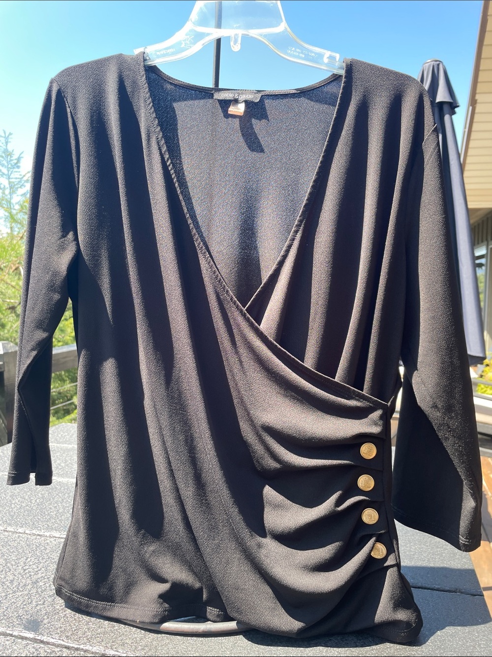 Cable & Gauge Black Faux-Wrap Top with Gold Button Accents